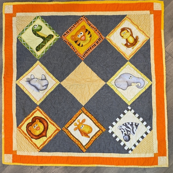 35x36 Homemade Animal Safari Themed Quilt - Orange and Gray